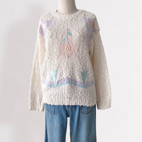 Vintage 80s Coquette Embroidered Sweater Pastel Cottagecore Grandmacore Knit M - Picture 8 of 10